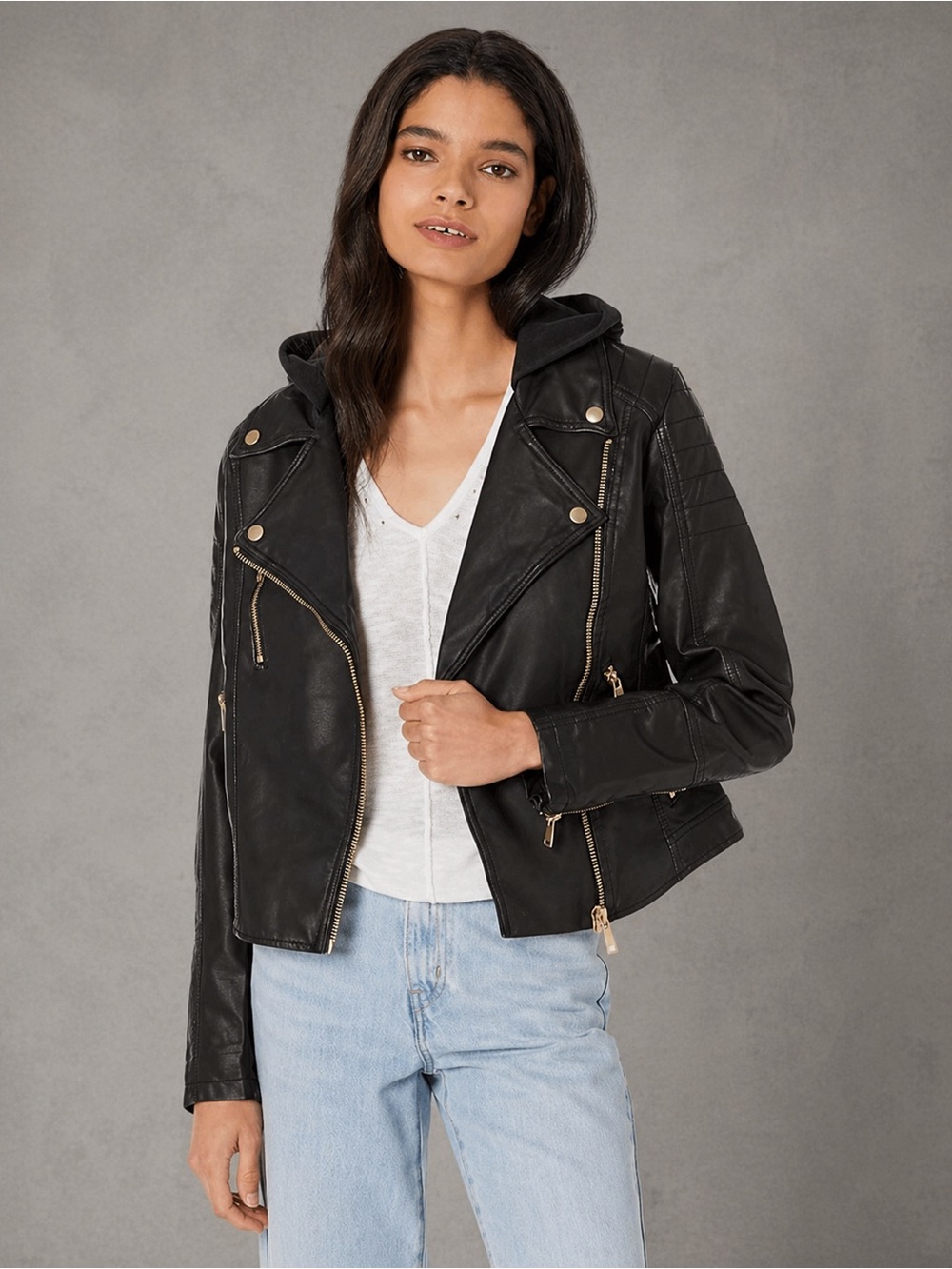 FREE PEOPLE Black Hooded Faux-Leather Moto Jacket 100% Viscose. Size Small.